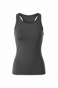 Round neck tank top with built-in bra in dark gray on white background