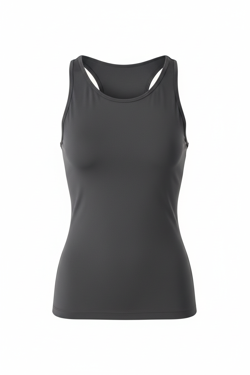 Round neck tank top with built-in bra in dark gray on white background